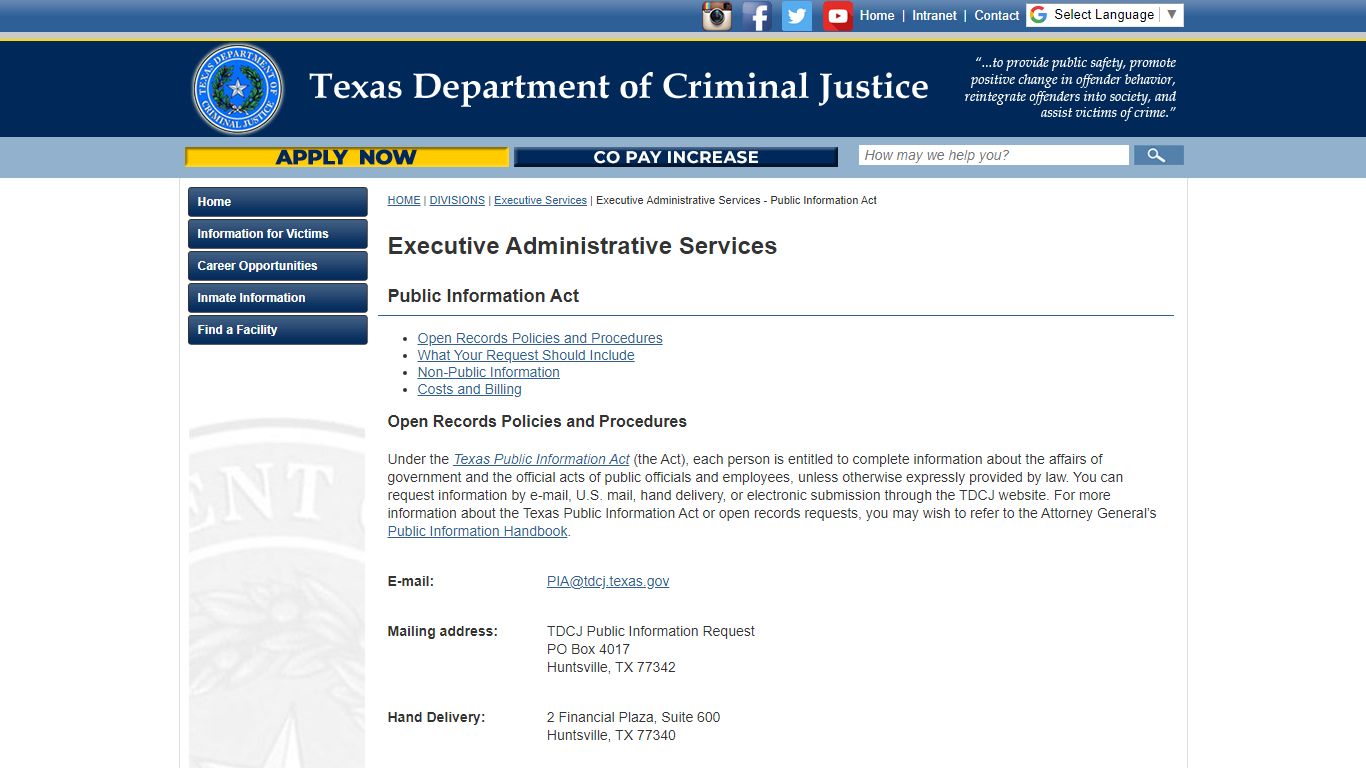 Executive Administrative Services - Public Information Act